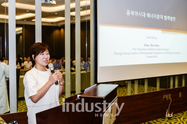 중부발전이 마련한 세미나에서 외부 전문가로 초청된 한국탄소금융협회 김효선 부회장이 '동북아시대 에너지분야 협력방안'에 대하여 발표하고 있다. [사진=한국중부발전]