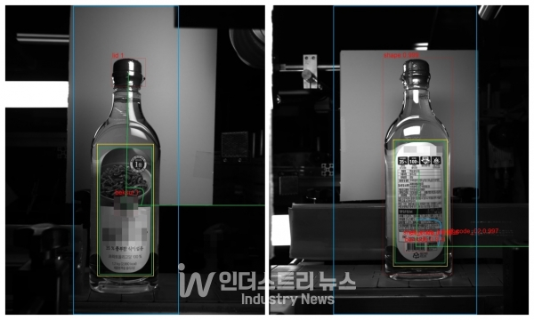 캡씰링 및 로고 라벨 위치 값으로 불량 검사(좌), 상품 모형과 라벨 위치 검사(우) [자료=트윔]