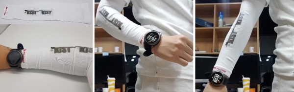 제작한 전극 소재와 집전체 소재를 스판덱스 재질의 팔토시의 양면에 직접 인쇄하고 그 위에 신축 패키징을 진행해, 신축성 고전압 유기계 배터리를 옷 위에 직접 인쇄했다. [사진=KIST]