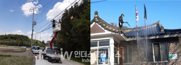 기동마을 사회적협동조합이 영농형태양광 발전 수익을 활용해 마을 공동 CCTV 설치(좌) 및 마을회관 지붕을 도색하고 있다. [사진=한화큐셀]