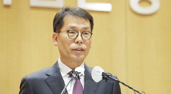 김성태 IBK기업은행장이 지난해 1월 열린 취임식에서 연설하고 있다. [사진=IBK기업은행]