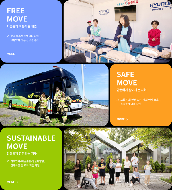 새롭게 오픈한 '현대차그룹 CSR 디지털 매거진' 메인 화면 속 나열된 CSR 3대 중점 영역./이미지=현대차그룹 CSR 디지털 매거진 캡처