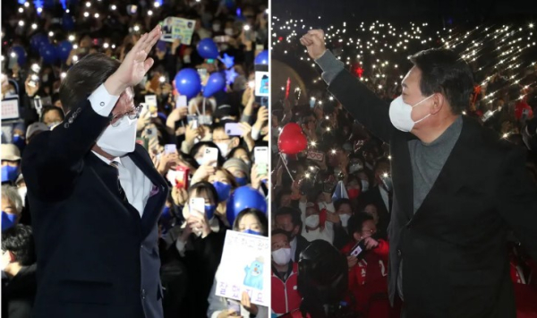 제20대 대선 공식선거운동 마지막날인 2022년 3월 8일 이재명 더불어민주당 후보(왼쪽 사진)가 서울 청계광장, 윤석열 국민의힘 후보가 서울시청 광장에서 마지막 현장 유세를 하고 있다. /사진=공동취재단