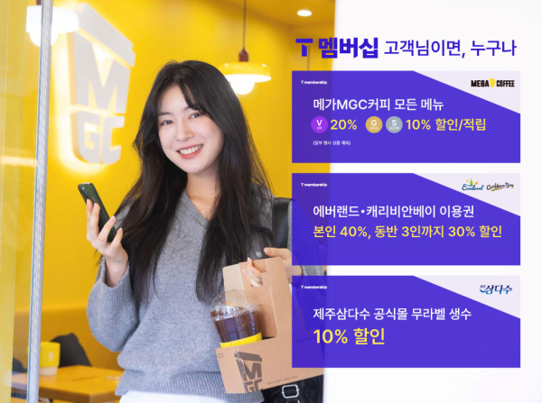 SKT는 국내 1위 테마파크 '에버랜드·캐리비안베이', 국내 최대 커피 프랜차이즈 '메가MGC커피', 1위 생수 기업 '삼다수'와 T멤버십 신규 제휴를 체결하고 할인 혜택을 제공한다./사진=SK텔레콤