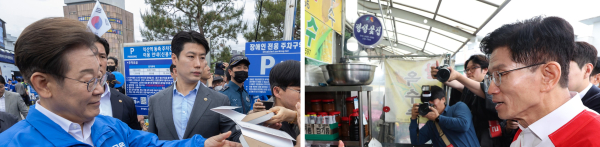 지난 5월 16일 전북 익산 유세에서 지지자가 건넨 저서에 사인을 해주는 더불어민주당 이재명 대선후보(왼쪽 사진)와 경기 수원시 지동시장 유세에서 상인과 대화하는 국민의힘 김문수 대선후보(오른쪽 사진). /사진=연합뉴스