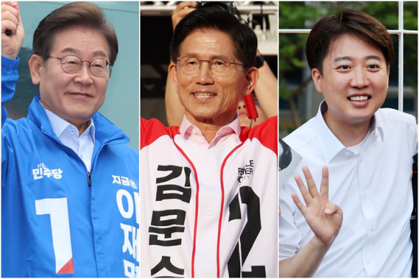 20일 의정부 로데오거리서 유세하는 이재명 후보(왼쪽부터), 하남서 유세하는 김문수 후보, 19일 전남대 유세서 지지자들과 사진 찍는 이준석 후보. /사진=연합뉴스