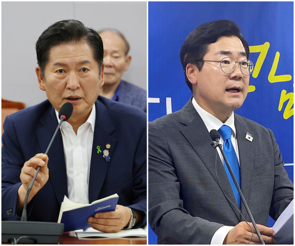 더불어민주당 차기 당 대표 선거에 출마한 정청래 의원이 지난 9일 서울 여의도 국회 의원회관에서 열린 당원 주권 정당개혁 토론회에서 발언하고 있다.(사진 왼쪽) 같은 날 박찬대 의원은 전남 무안군 전남도의회 브리핑룸에서 기자회견을 열고 인사말하고 있다.(사진 오른쪽) /사진=연합뉴스
